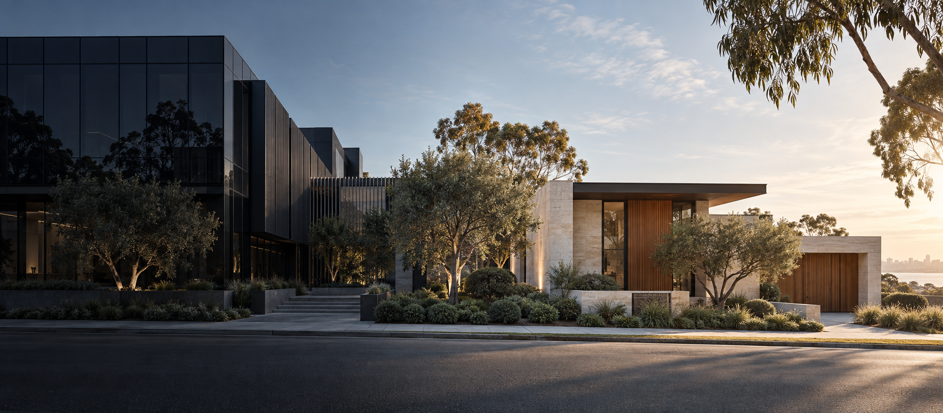 Contemporary commercial building and home in a landscaped setting